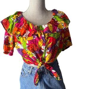 90's multi coloured fruity blouse with ruffles and tie front